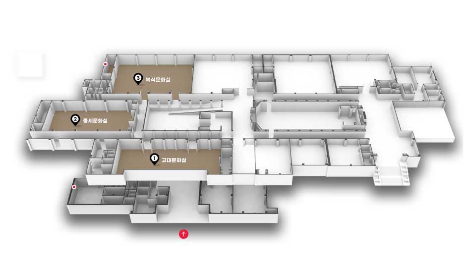 상설전시실 모델링 이미지로서 1층의 출입구를 통해 2층으로 올라오면은 1.고대문화실을 기준으로 시계방향으로 2.중세문화실, 3.복식문화실이 위치해 있습니다.